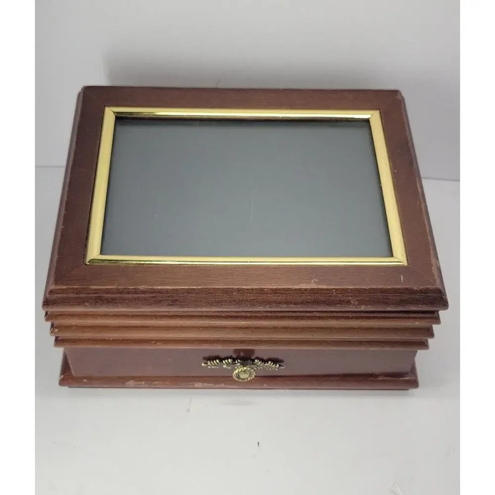 Wooden Jewelry Box with Photo Frame Lid Mirror Drawer Ring Organizer Brown